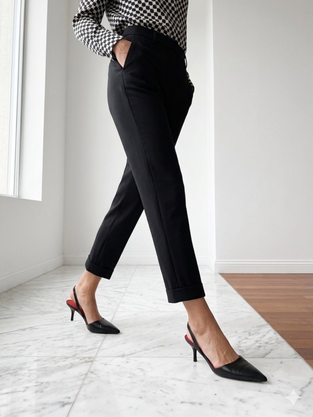 Diane von Furstenberg Black Leather Pointed Slingback Heels with Red Accents